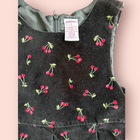 Y2K Vtg Gymboree Velvet Cherry Jumper Dress 2002 Christmas Black Red Sz 7 Girls - Picture 2 of 4